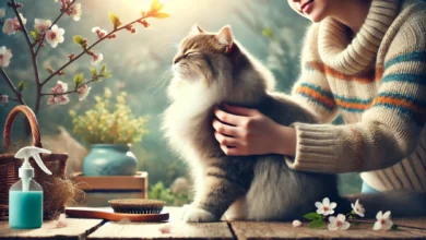 A relaxed cat being gently groomed during a seasonal transition with a slicker brush amidst soft light and blooming flowers.