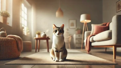 A cat sitting attentively in a cozy, well-lit indoor environment, focused and calm.