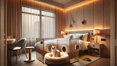 A cozy hotel room setup designed with cat safety in mind, featuring a cat bed near a secure window, a toy, and no visible hazards.