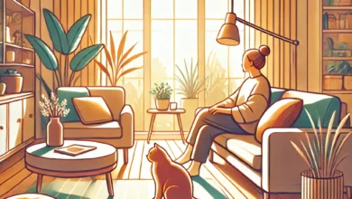 A cozy indoor living room with a cat lounging peacefully on a couch, surrounded by cat-friendly elements like a scratching post and toys.