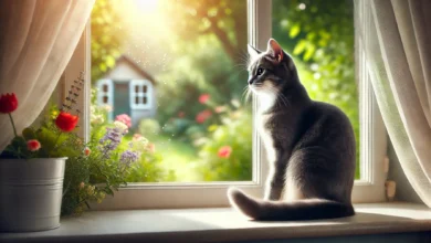 A sleek and healthy cat sitting on a windowsill, bathed in morning light with a garden visible outside.