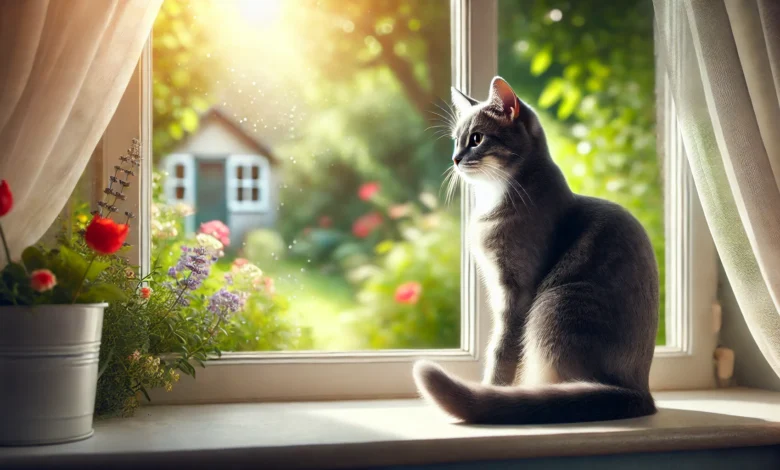 A sleek and healthy cat sitting on a windowsill, bathed in morning light with a garden visible outside.