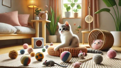 A cat playing with various toys in a cozy indoor setting