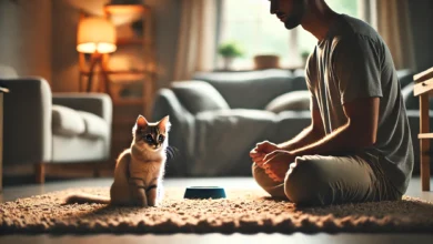 A cat sitting calmly on a plush rug in a cozy home environment with soft lighting from a nearby window.