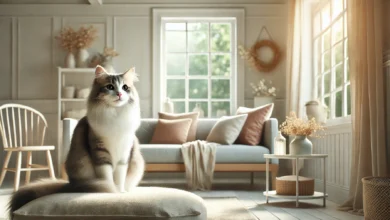 A calm domestic cat sitting on a cushion by a window with soft light and plants in the background.