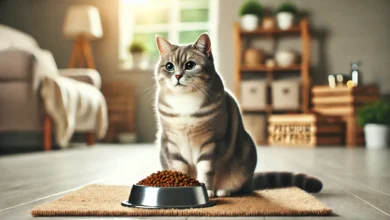 A healthy, well-groomed cat sitting by a bowl of premium cat food in a cozy indoor setting.