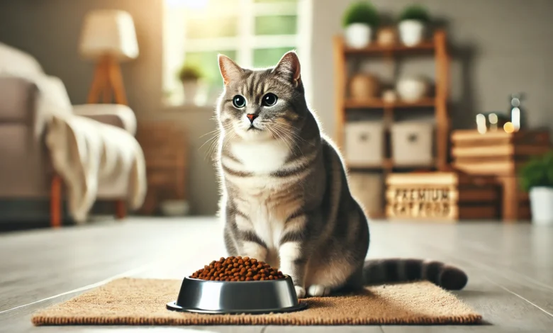 A healthy, well-groomed cat sitting by a bowl of premium cat food in a cozy indoor setting.