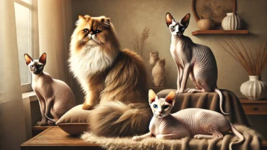 A serene scene featuring Persian, Siamese, and Sphynx cats in a cozy room.