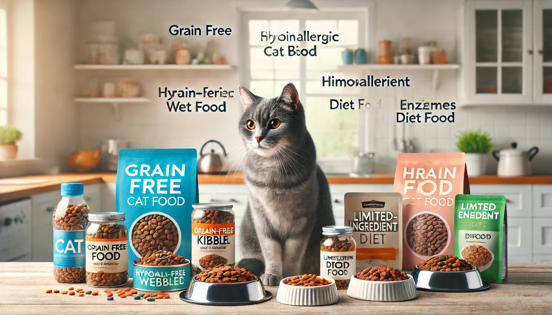 Image illustrating special dietary options for cats with allergies or health conditions.