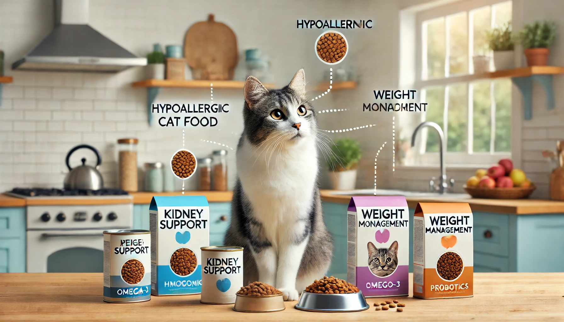 Image illustrating specialized cat food options and a thoughtful cat with special dietary needs.