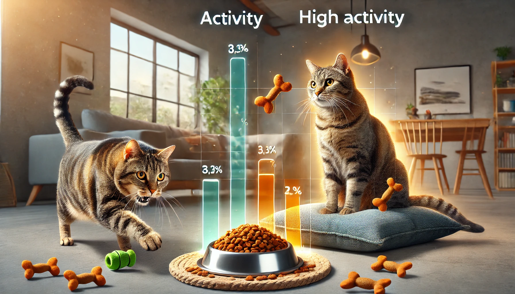 Playful and relaxed tabby cats with different food portions in a modern living room.
