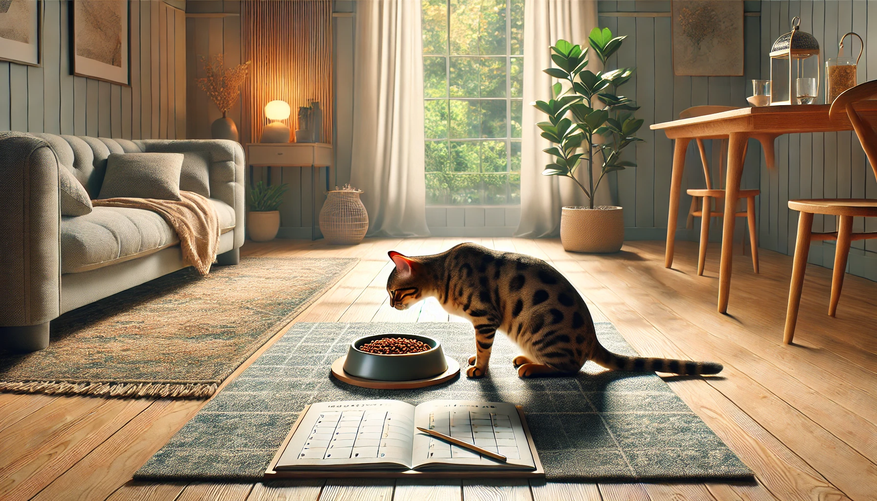 A Bengal cat eating from a ceramic bowl in a serene dining area.