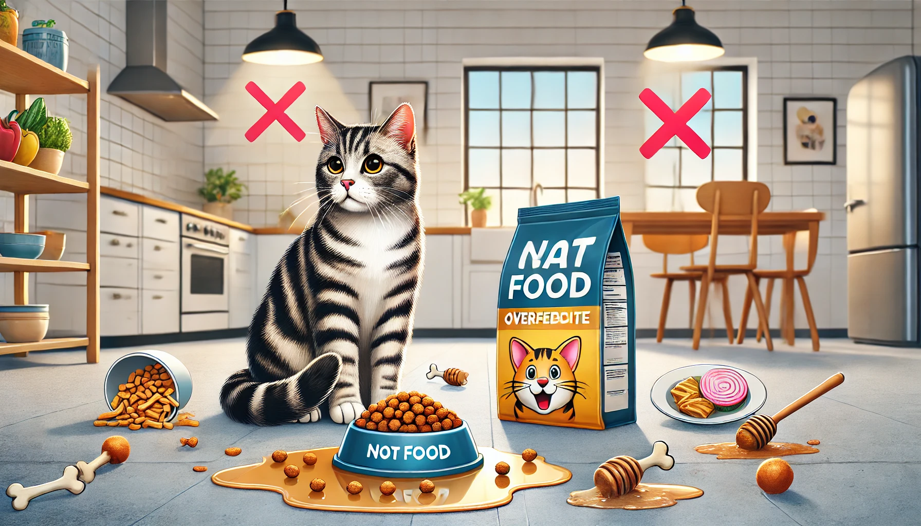 A tabby cat looking at spilled cat food and human food with a crossed-out icon in a modern kitchen.