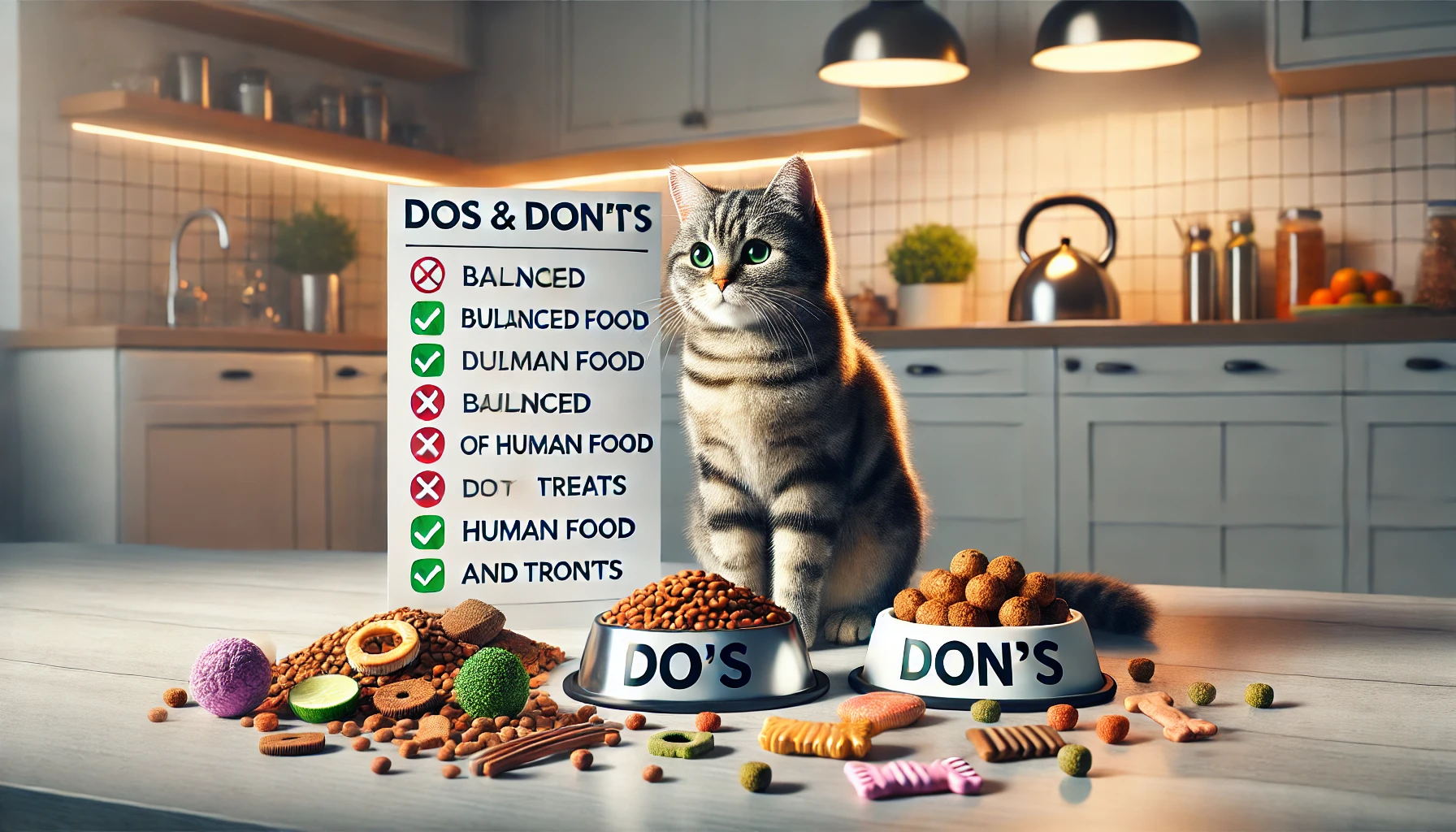 A tabby cat next to a balanced meal, avoiding human food scattered on the floor.