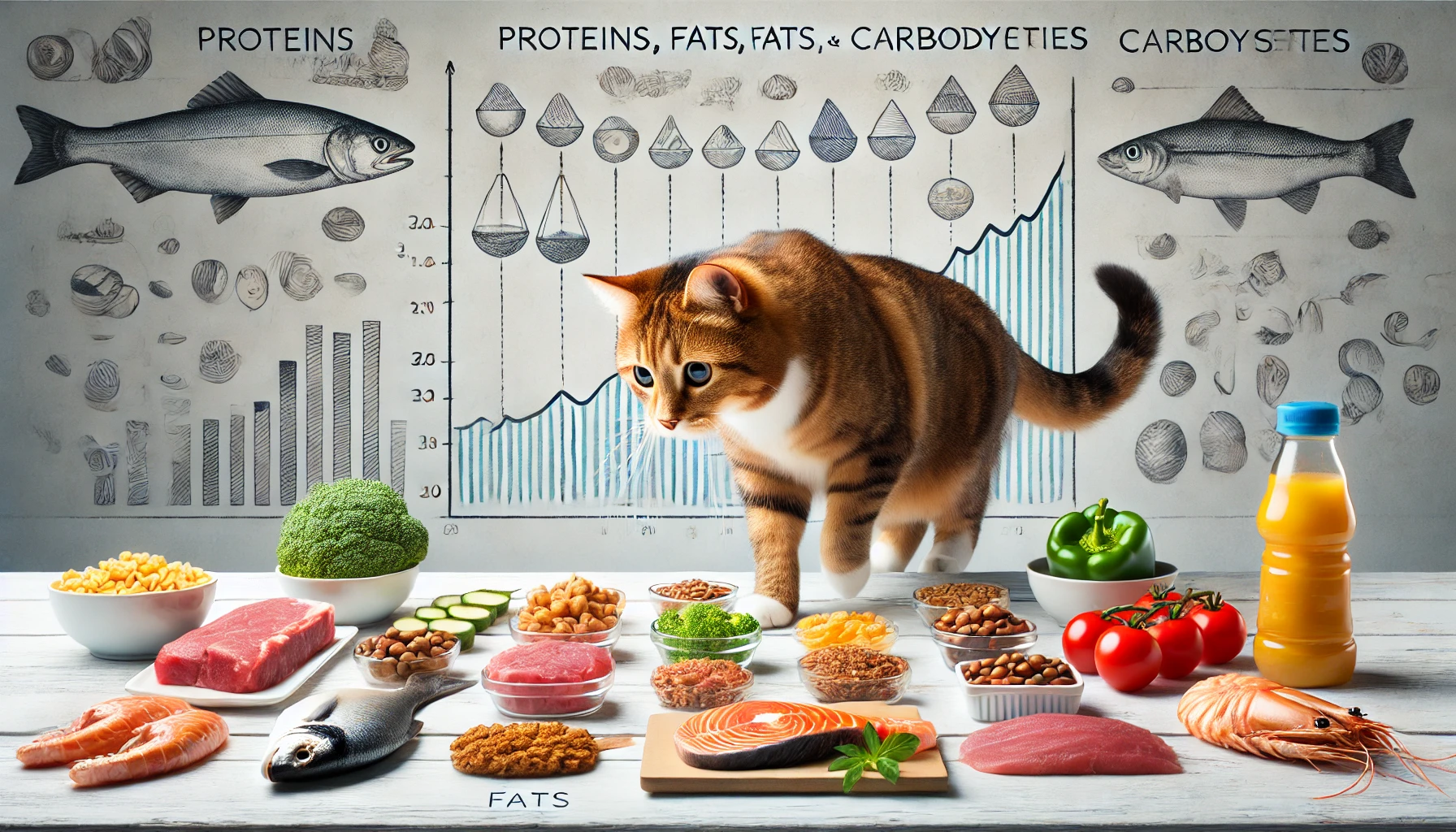 A variety of nutritious foods essential for a cat's balanced diet.