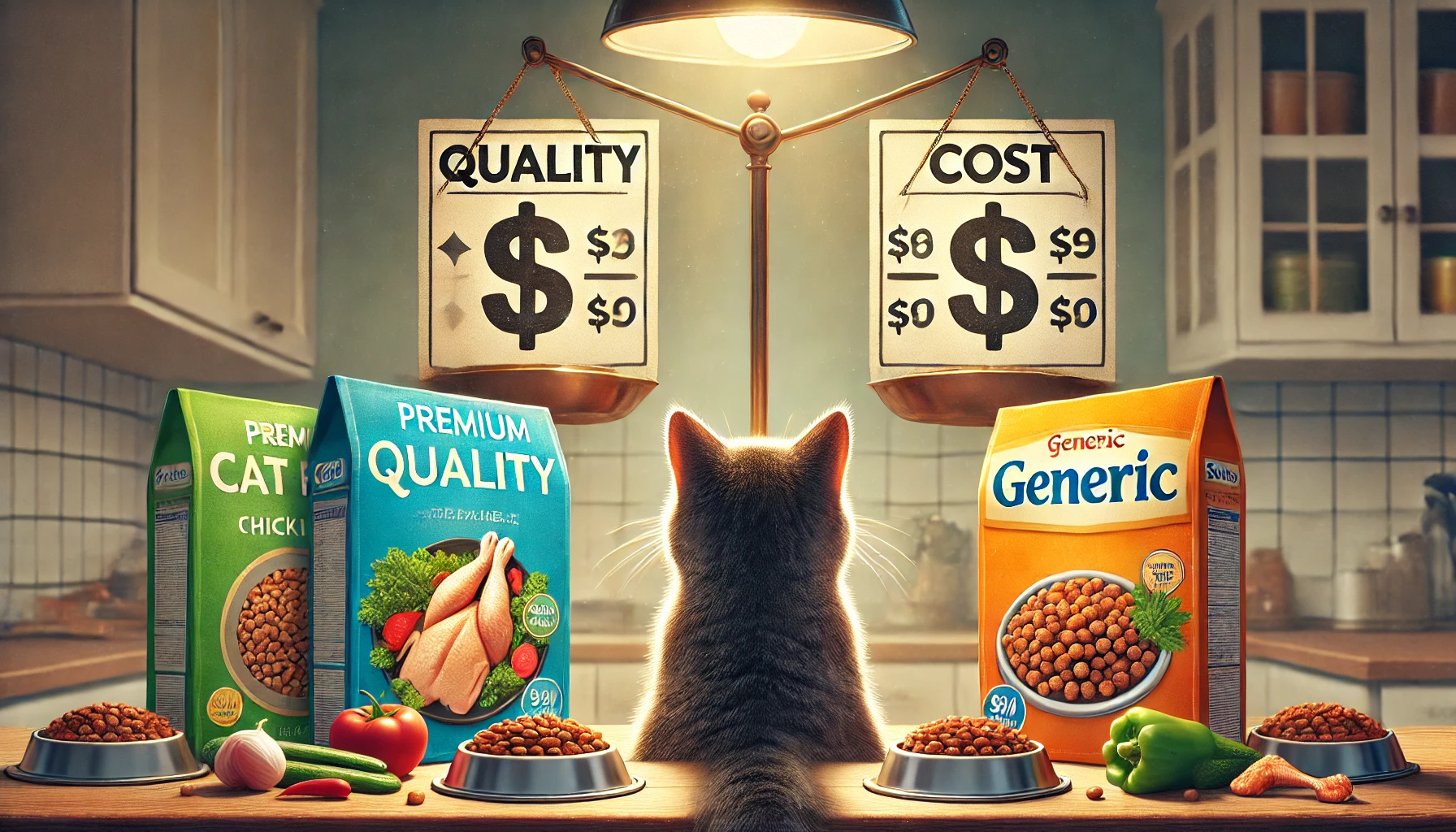 Image illustrating the balance between quality and cost in cat food selection with a thoughtful cat.