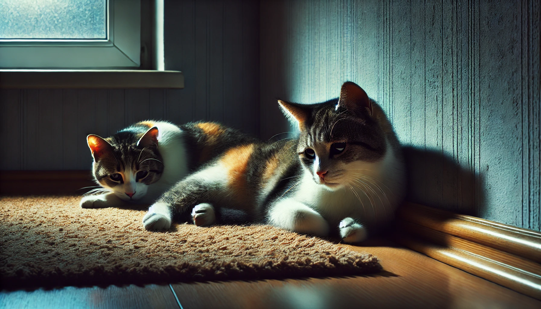 A malnourished cat lying down lethargically in a dimly lit room with a distant expression.