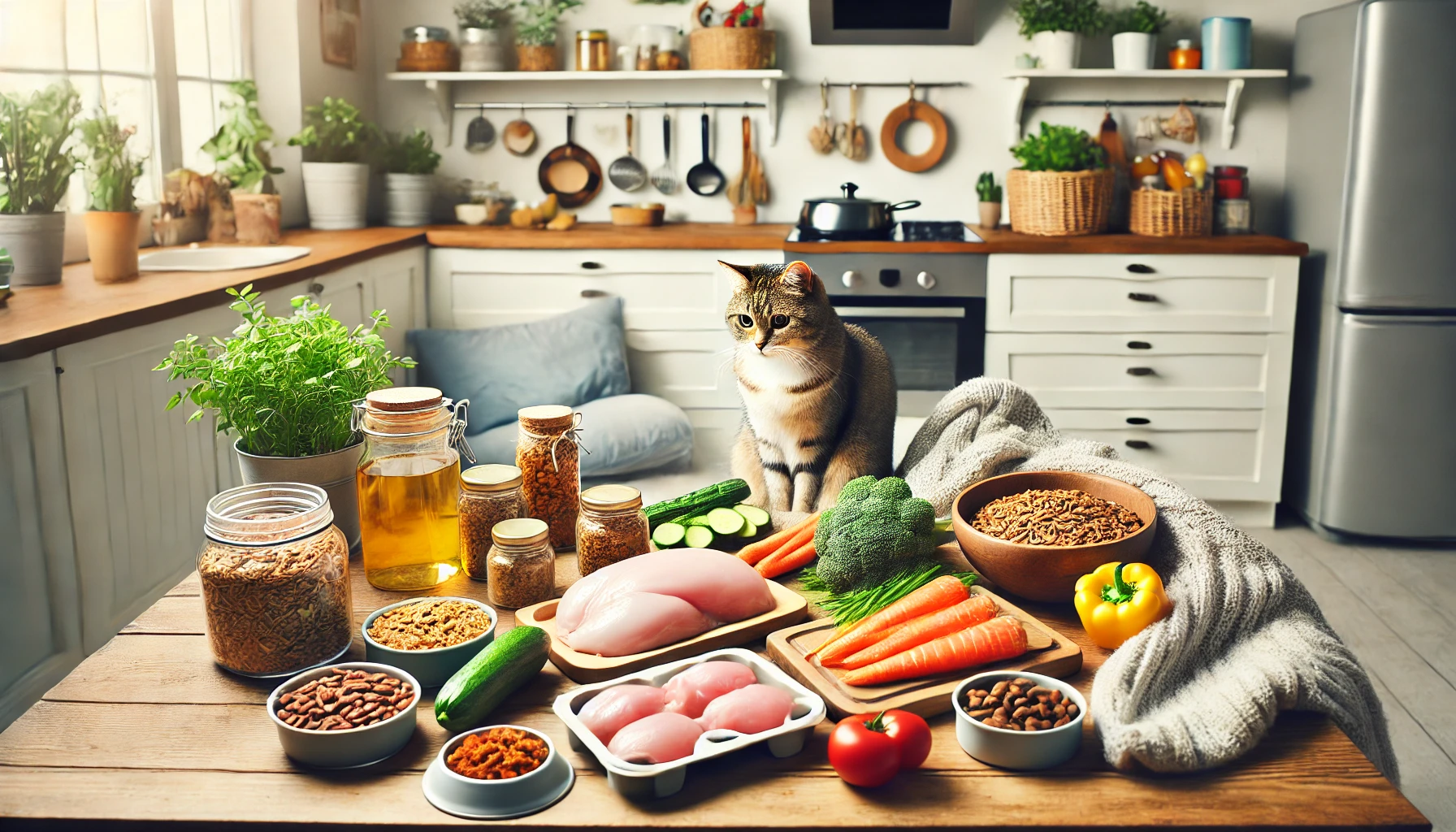 A cozy kitchen scene with fresh ingredients for a homemade cat diet.