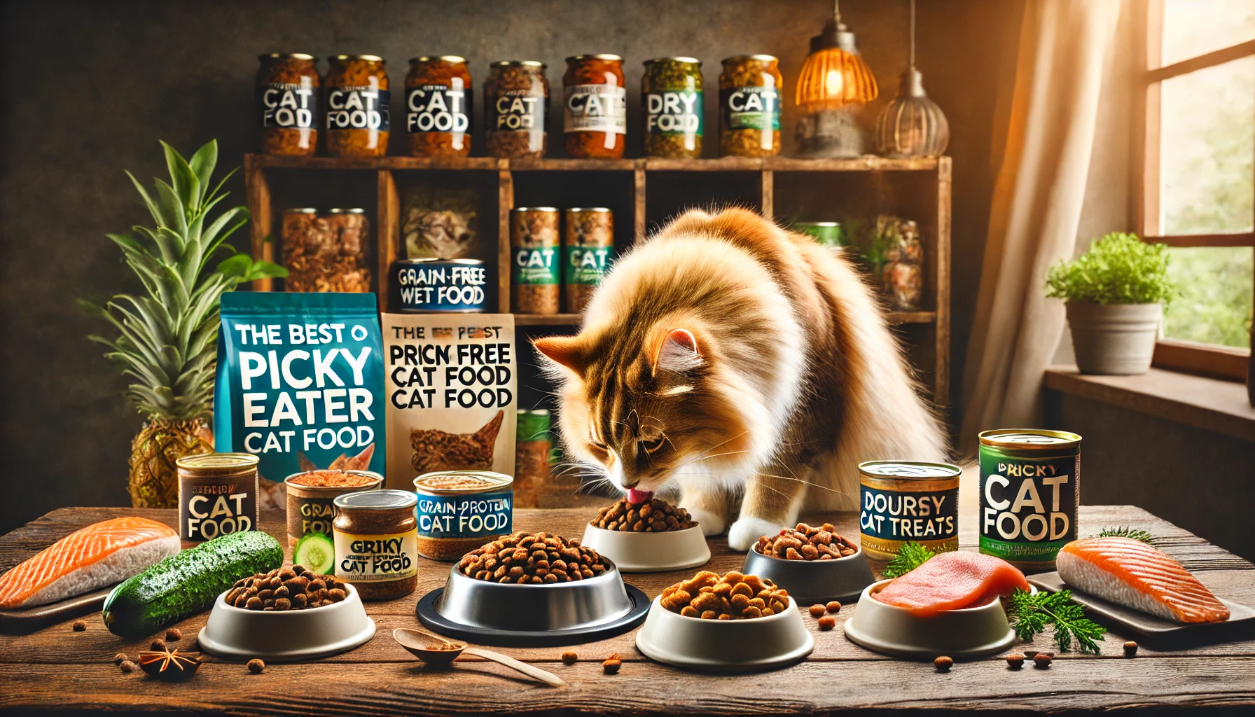 A Maine Coon cat sniffing a bowl of premium cat food options, with fresh ingredients in the background.