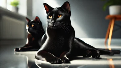 A sleek and elegant black Bombay cat with a shiny coat and striking golden eyes.