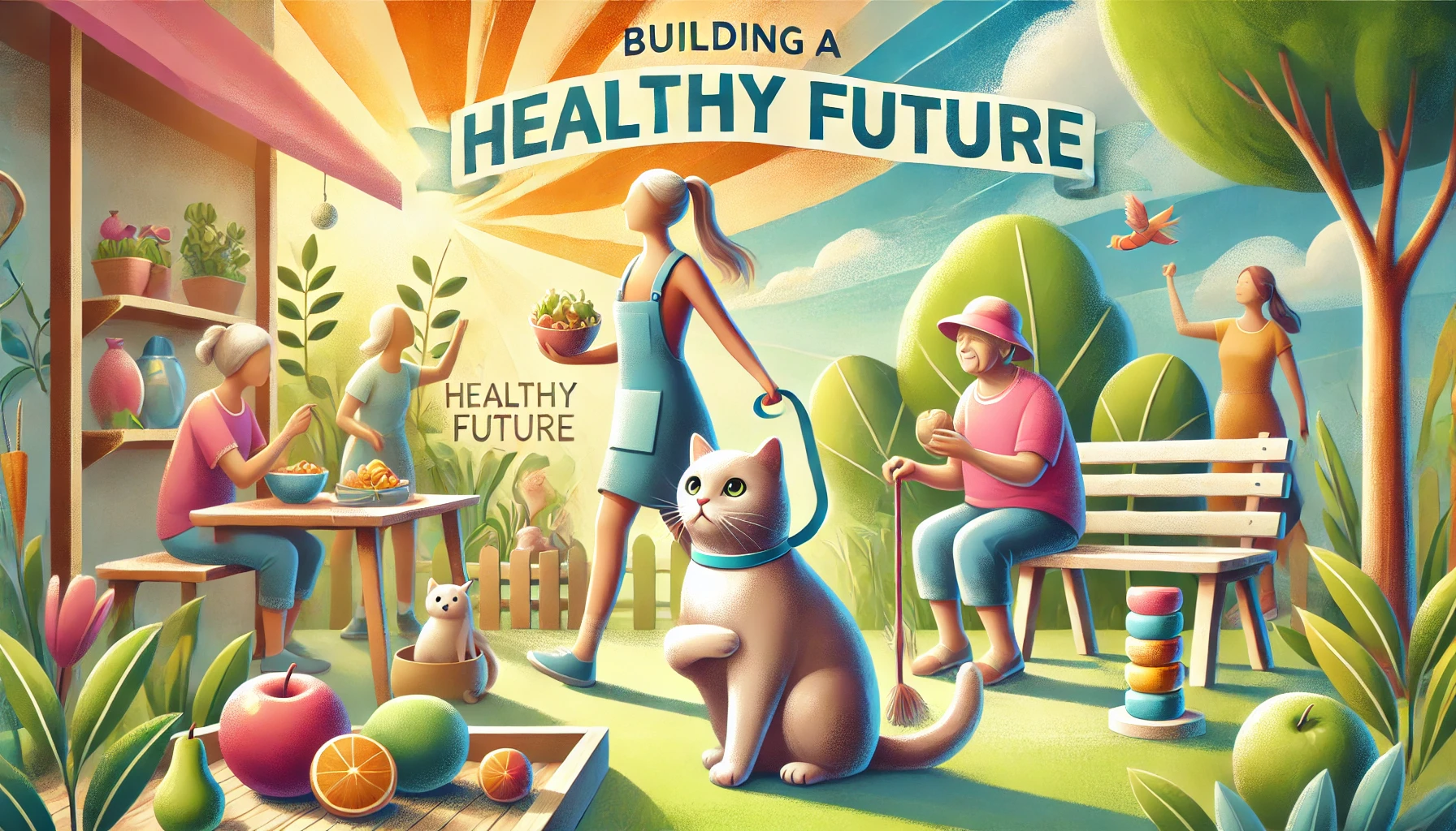 A cat and its owner enjoying a walk in a garden, playing with toys, and having a nutritious meal together.