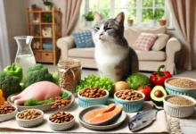 A cat enjoying a balanced meal with fresh ingredients in a cozy home setting.