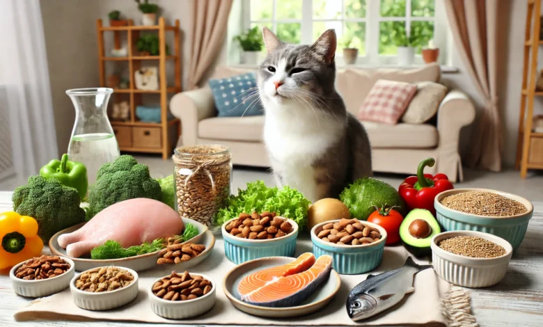 A cat enjoying a balanced meal with fresh ingredients in a cozy home setting.