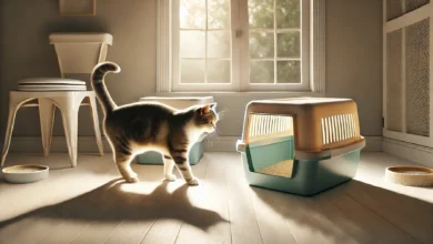A cat exploring two types of litter boxes, one covered and one uncovered, in a cozy indoor setting.