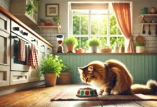 A tabby cat eating from a bowl in a cozy kitchen setting.