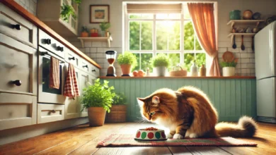 A tabby cat eating from a bowl in a cozy kitchen setting.