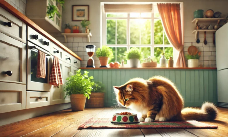A tabby cat eating from a bowl in a cozy kitchen setting.