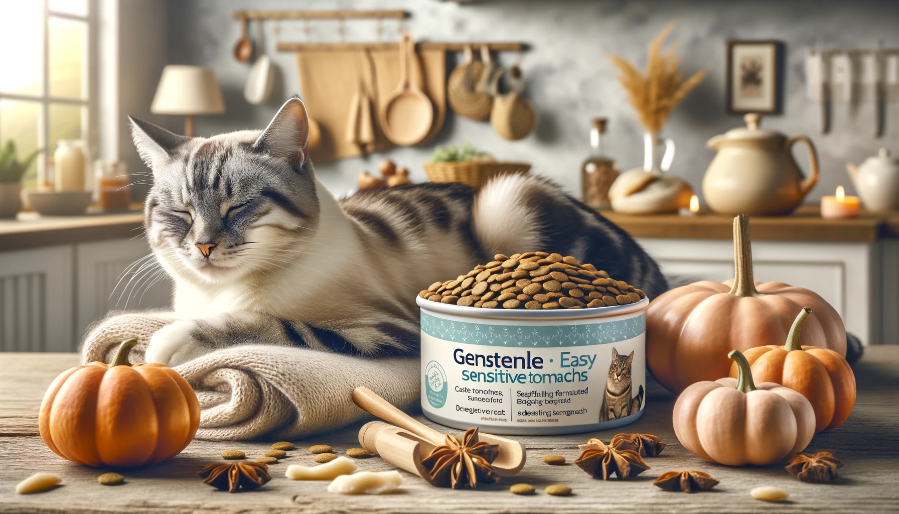 Image highlighting cat food designed for sensitive stomachs with soothing ingredients and a relaxed cat.
