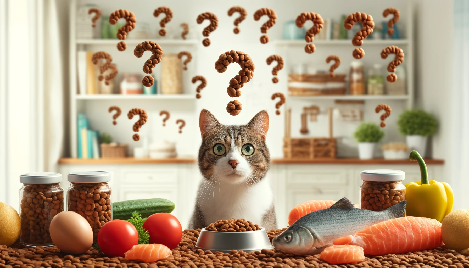 A curious cat surrounded by question marks made of cat food items in a kitchen.