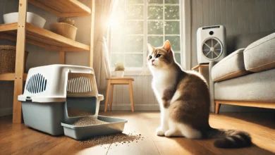 Cat sitting next to an open litter box in a clean, well-lit room.