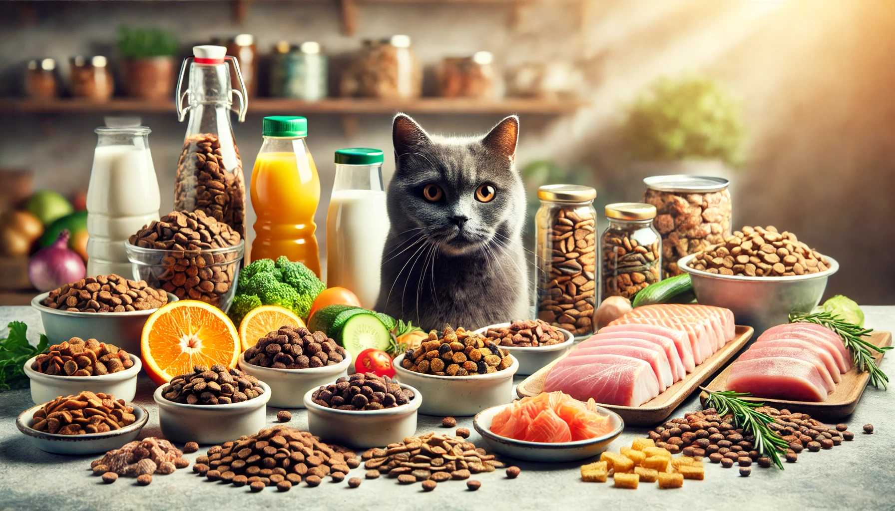 A variety of balanced and nutrient-dense cat foods, including wet and dry options with high-quality ingredients such as meat and vegetables, arranged on a countertop.