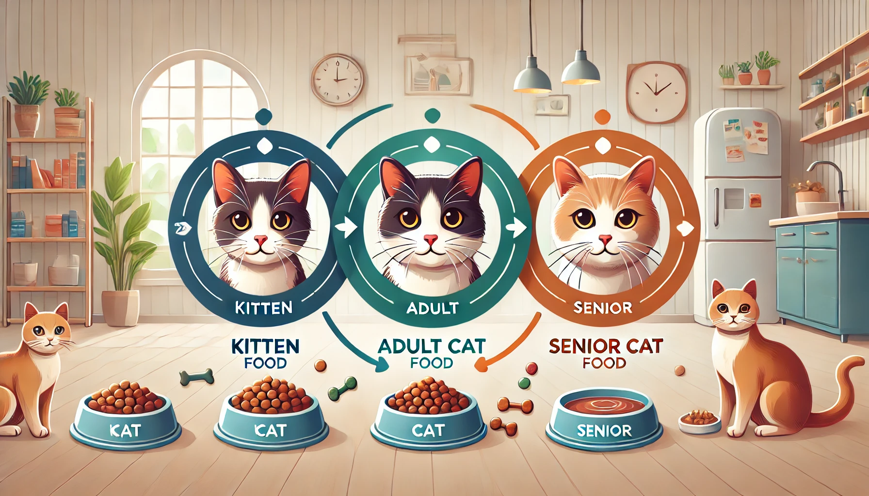 Image illustrating the concept of choosing cat food based on the age of a cat, with sections for kitten, adult, and senior cat foods.