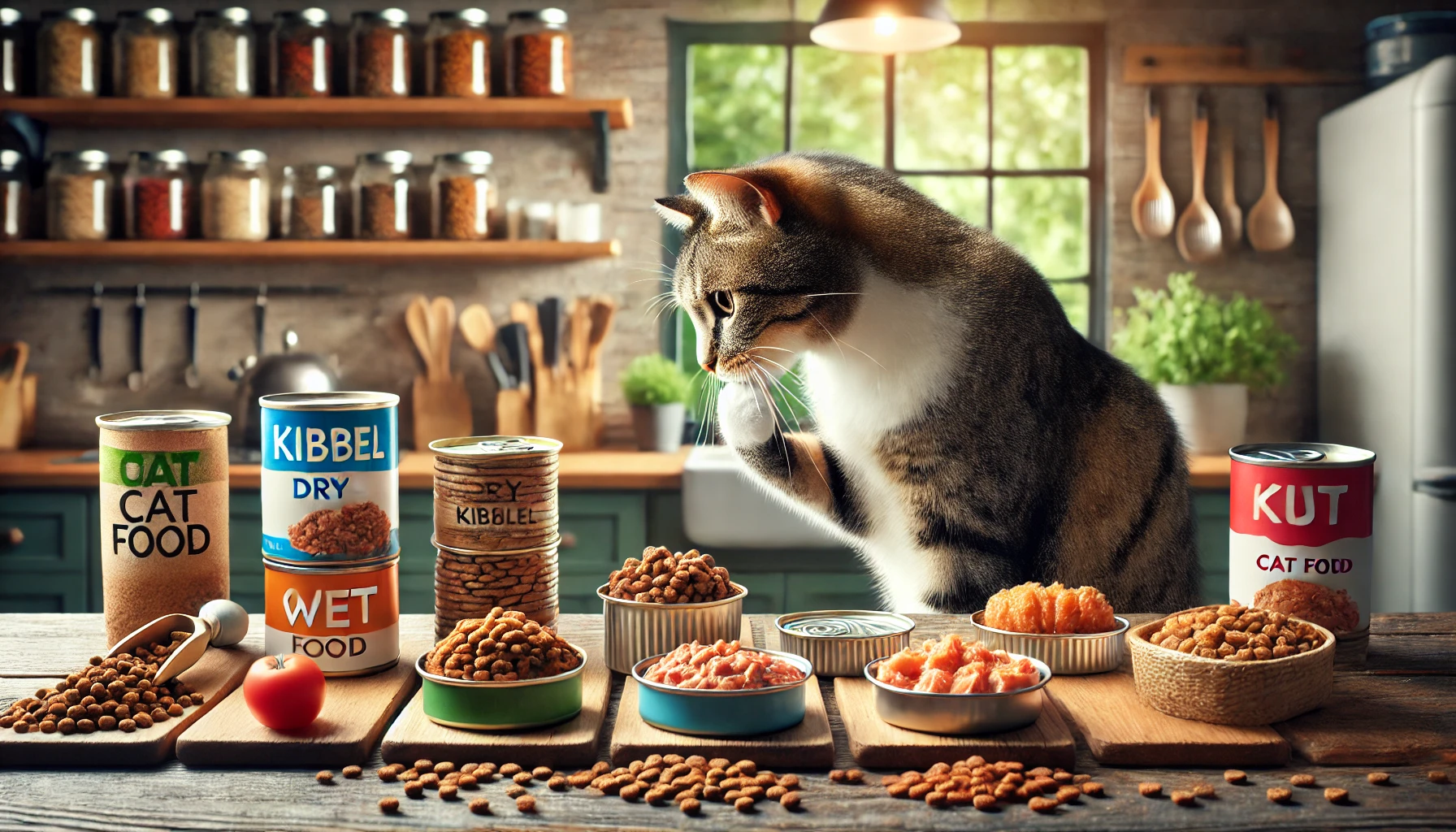 A variety of cat food options on a kitchen counter with a tabby cat inspecting.