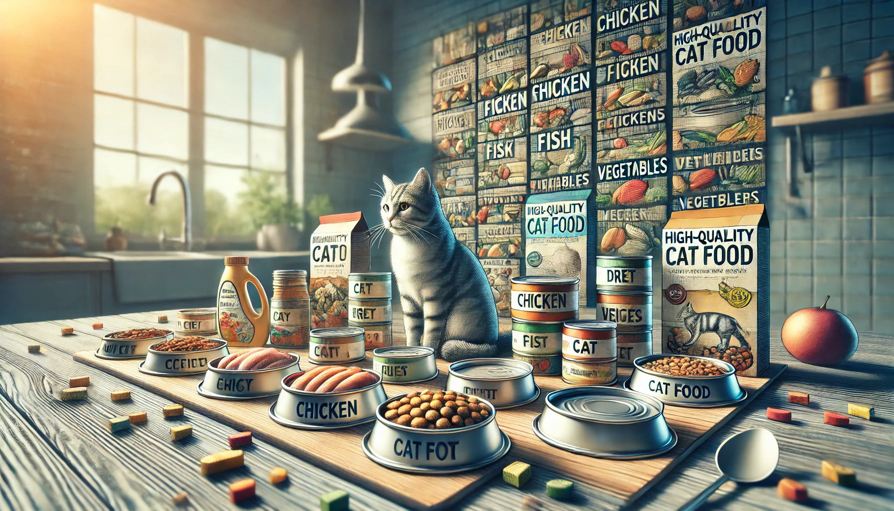 A variety of high-quality wet and dry cat foods on a kitchen counter.