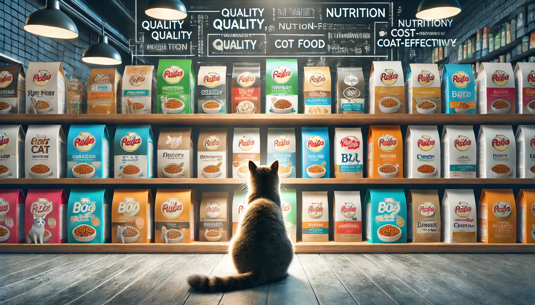Image depicting a variety of cat food brands on a shelf with a curious cat examining the options.
