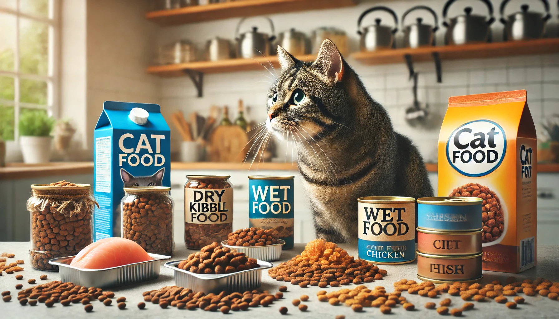 A variety of cat food options with a thoughtful tabby cat inspecting in a modern kitchen.