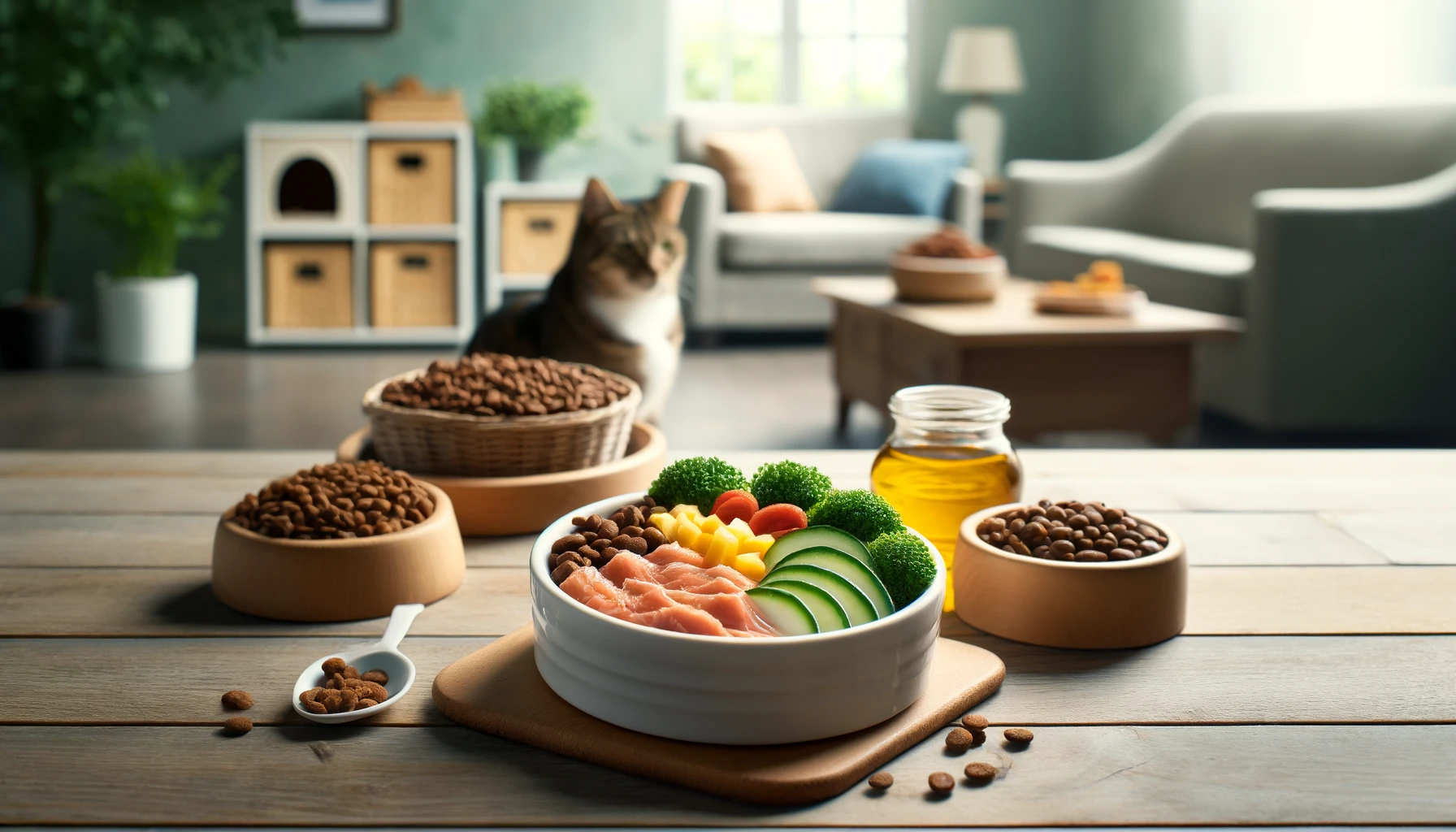 A food bowl with a well-balanced mix of protein, vegetables, and wet cat food prepared for a malnourished cat in a peaceful indoor setting.