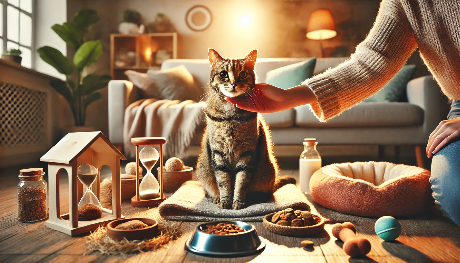 A tabby cat in a cozy living room with a balanced diet, toys, and a hand gently petting it.