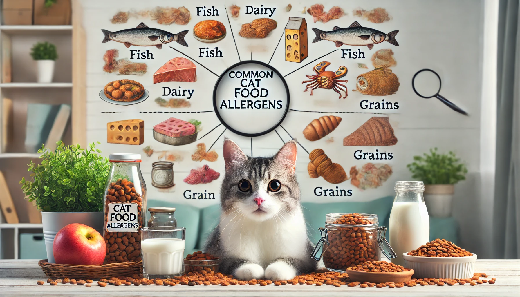 A cat cautiously observing common food allergens like fish, dairy, and grains.