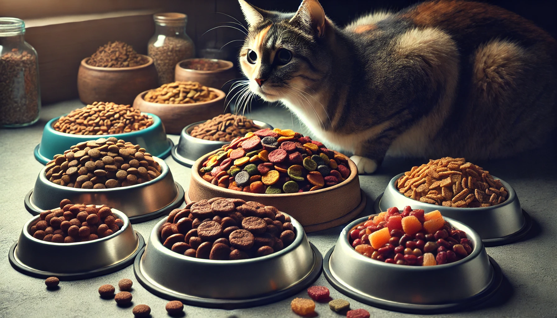 A scene showing two contrasting food bowls, one with low-quality dry food and another with a balanced meal, with an aging cat in the background.