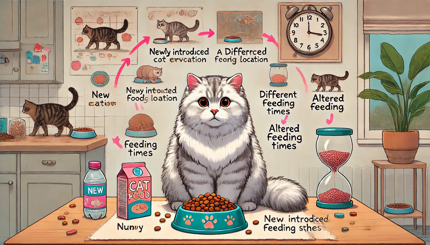 A cat examining its food bowl with environmental changes in the background.