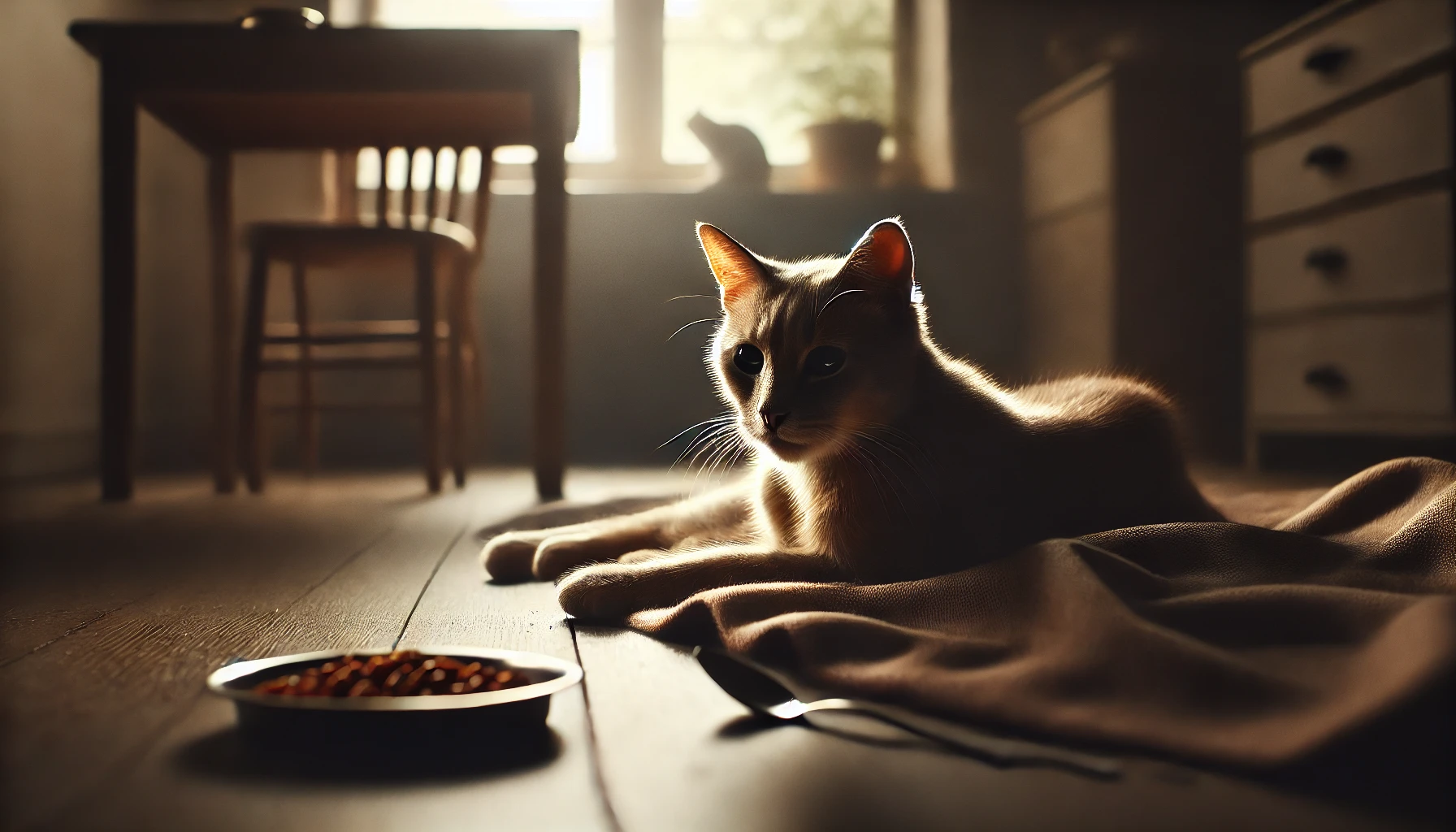 A malnourished cat lying down with a frail appearance in a dimly lit room.