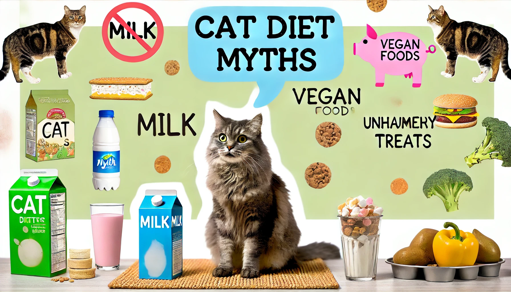 A cat looking at vegetarian foods, appearing unsure, with meat nearby.