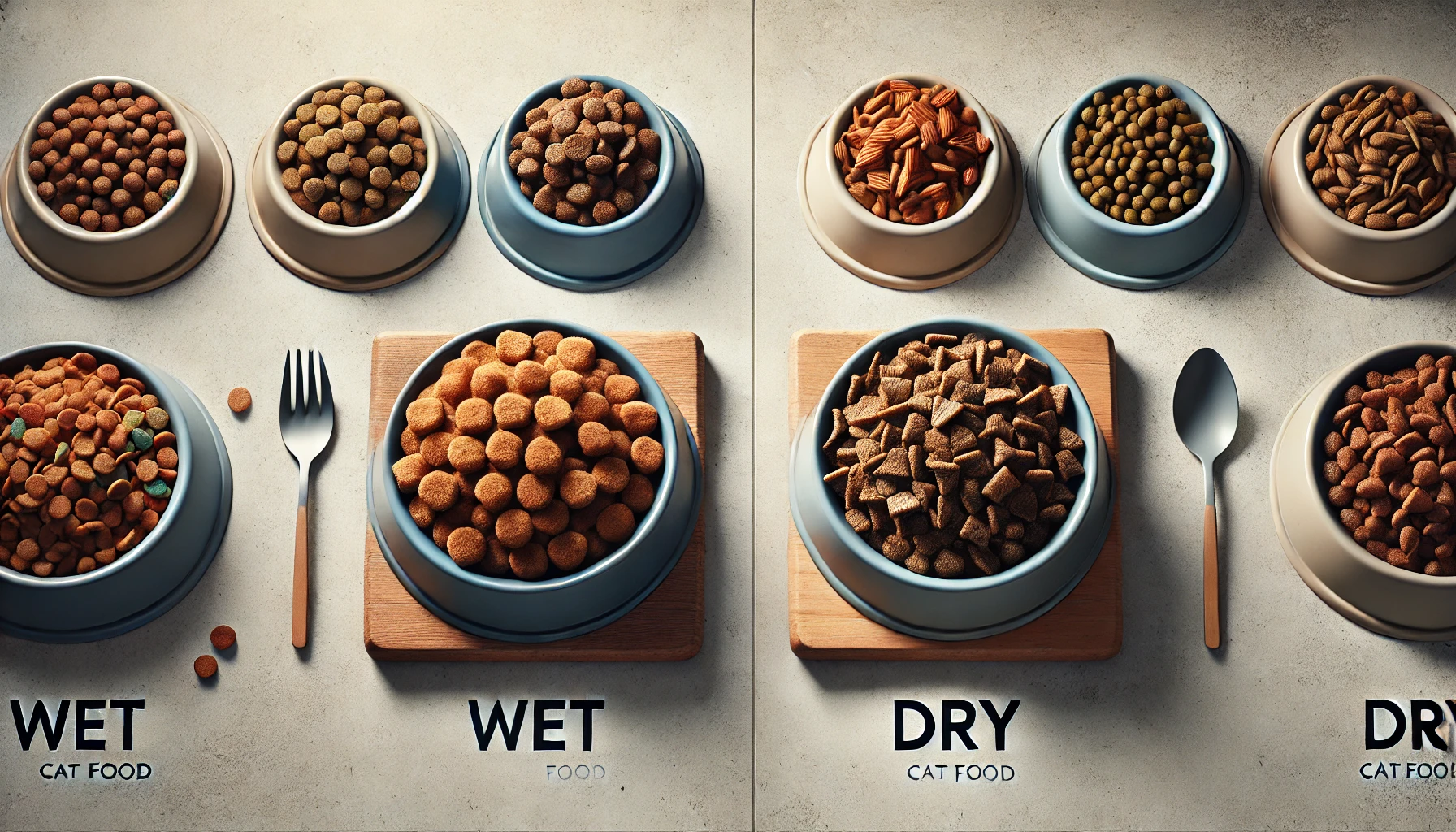 Wet and dry cat food side by side in separate bowls on a kitchen counter.