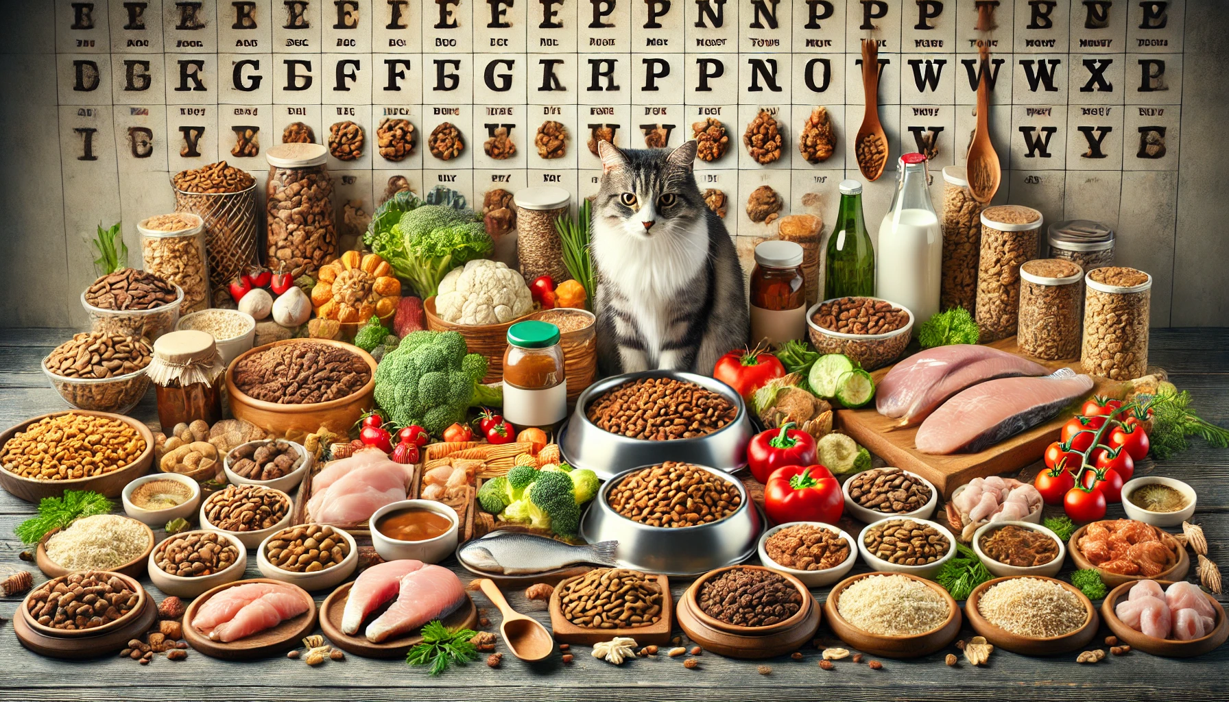 A display of wet, dry, and homemade cat food options with ingredients like chicken, fish, and vegetables in an organized kitchen.