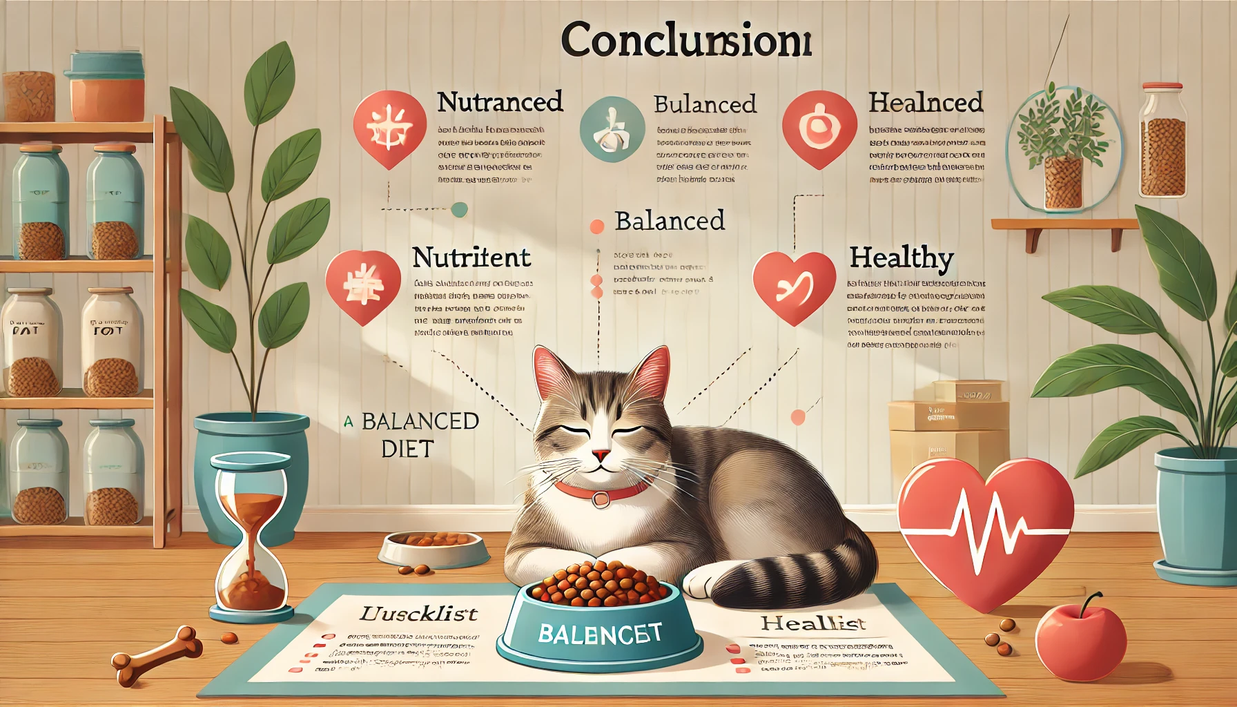 A content cat resting beside a bowl of balanced food with symbols for nutrients.